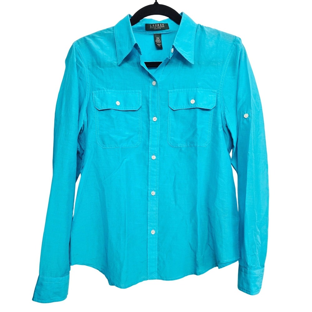 Lauren Ralph Lauren PM Turquoise‎ Silk Cotton Button Down Classic Preppy Coastal